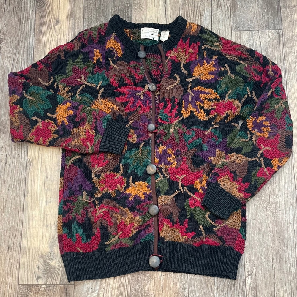 Norm Thompson Black Multi Combo Fall Floral Chunky Sweater Cardigan Size L
